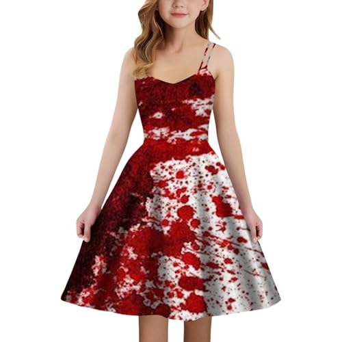 Halloween Kostüm Kinder Mädchen Mädchen Halloween Mittelalterliches Kleid mit blutbeflecktem Aufdruck A-Linie Trägerlos Partykostüm für Kinder Elegantes Gothic Abendkleid Mädchen (Red, 11-12 Years) von Generisch