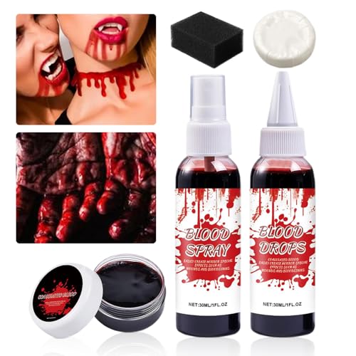 Halloween Kunstblut Set | Realistisches Waschbares Kunstblut Spray Für Gesicht - Abwaschbares Halloween Kostümzubehör Für Gruselpartys Rollenspiel Bühnenauftritte Vampir Zombie von Generisch