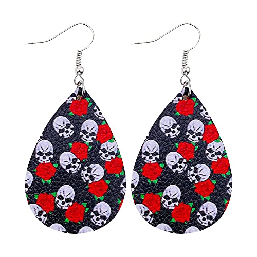 Halloween-Leder-Ohrringe, Totenkopf-Spinne, Halloween-Zubehör, 1 Paar weiße Totenköpfe auf schwarzem Hintergrund + rote Rosen-Ohrringe, schöne Verarbeitung von Generisch