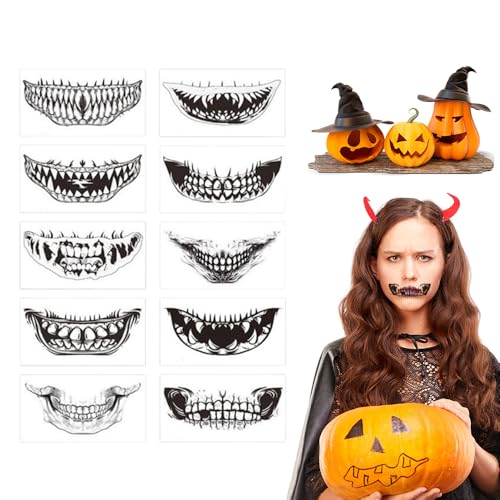 Halloween Mund Tattoo, 10/12/24 Blatt ﻿Halloween Gruselig Mund Tattoo Aufkleber, Temporäre Aufkleber für Party und Cosplay, für die Spuknacht, Make-up, Cosplay, Party, Narben, Maskerade (10PCS) von Generisch