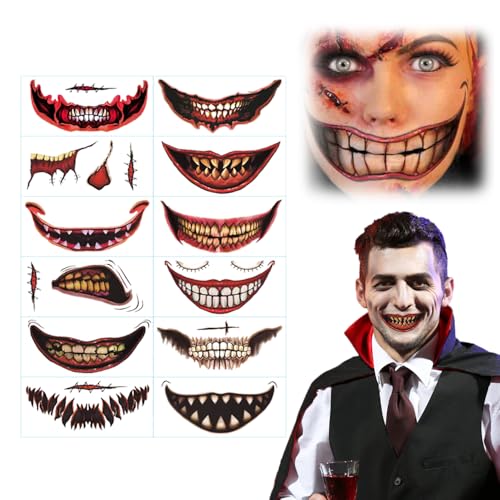 Halloween Mund Tattoo, 10/12/24 Blatt ﻿Halloween Gruselig Mund Tattoo Aufkleber, Temporäre Aufkleber für Party und Cosplay, für die Spuknacht, Make-up, Cosplay, Party, Narben, Maskerade (12PCS) von Generisch