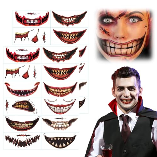 Halloween Mund Tattoo, 10/12/24 Blatt ﻿Halloween Gruselig Mund Tattoo Aufkleber, Temporäre Aufkleber für Party und Cosplay, für die Spuknacht, Make-up, Cosplay, Party, Narben, Maskerade (24PCS) von Generisch