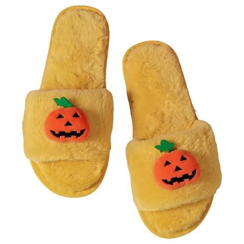 Halloween-Plüsch-Hausschuhe für Damen, flach, kollidierende Farbe, modische Damen-Hausschuhe, Blumen-Hausschuhe für Damen, gelb, 38 EU von Generisch