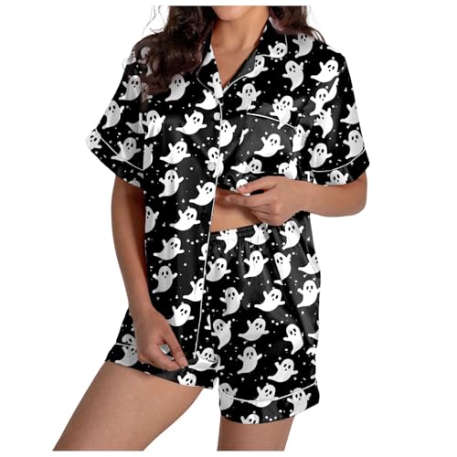 Halloween Pyjama Damen Set Schlafanzug Kurz Hausanzug Halloween Kostüm Seide Geist Kürbisdruck 2-Teiliges Nachtwäsche von Generisch