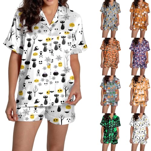 Halloween Pyjama Damen Set Schlafanzug Kurz Hausanzug Halloween Kostüm Seide Geist Kürbisdruck 2-Teiliges Nachtwäsche von Generisch