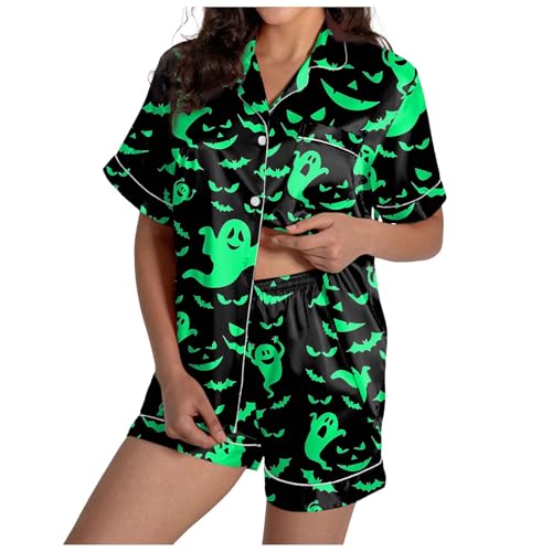 Halloween Pyjama Damen Set Schlafanzug Kurz Hausanzug Halloween Kostüm Seide Geist Kürbisdruck 2-Teiliges Nachtwäsche von Generisch