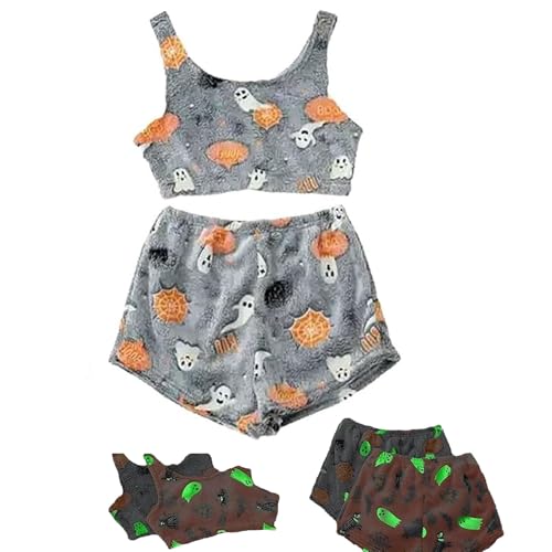 Halloween Pyjamas Damen, Gruseliges Fluoreszenz Halloween Schlafanzug Shine Pyjama-Set Halloween Kostüm Damen Spooky Vest Pajama Set Halloween Leuchtend Halloween-Flanell-Kürbis Pyjama Vest von Generisch