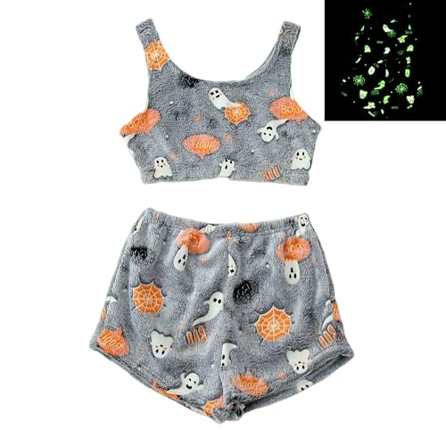 Halloween Pyjamas Damen Im Dunkeln Leuchtendes Halloween-Pyjama-Set Mit Weste Pyjama-Set Aus Flanell, Leuchtendes Halloween-Print Für Damen Spooky Vest Pajama Set Nachtwäsche Loungewear für Party von Generisch