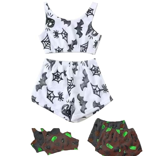 Halloween Pyjamas Damen Im Dunkeln Leuchtendes Halloween-Pyjama-Set Mit Weste Pyjama-Set Aus Flanell, Leuchtendes Halloween-Print Für Damen Spooky Vest Pajama Set Nachtwäsche Loungewear für Party von Generisch