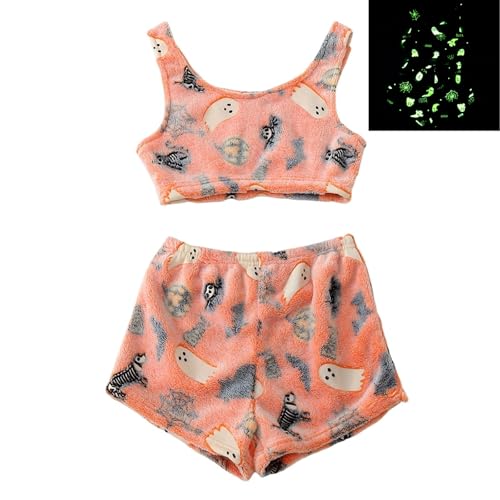 Halloween Pyjamas Damen Im Dunkeln Leuchtendes Halloween-Pyjama-Set Mit Weste Pyjama-Set Aus Flanell, Leuchtendes Halloween-Print Für Damen Spooky Vest Pajama Set Nachtwäsche Loungewear für Party von Generisch