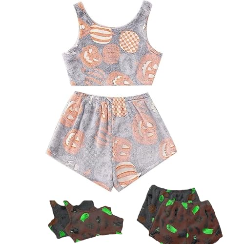 Halloween Pyjamas Damen Im Dunkeln Leuchtendes Halloween-Pyjama-Set Mit Weste Pyjama-Set Aus Flanell, Leuchtendes Halloween-Print Für Damen Spooky Vest Pajama Set Nachtwäsche Loungewear für Party von Generisch
