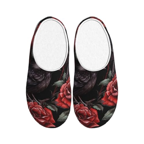 Halloween Rote Rose Damen Hausschuhe Flanell Haus Pantoffeln für Herren Schwarze Krähe rutschfeste Warme Winterschuhe für Indoor Outdoor, mehrfarbig, X-Small Men/ Large Women von Generisch