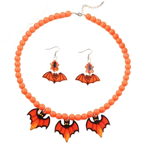 Halloween-Schmuck-Set für Damen, Halskette und Ohrringe mit Fledermaus-/Geister-Anhängern, aus Acryl, für Kostümpartys, Einheitsgröße, Acryl, Kein Edelstein von Generisch