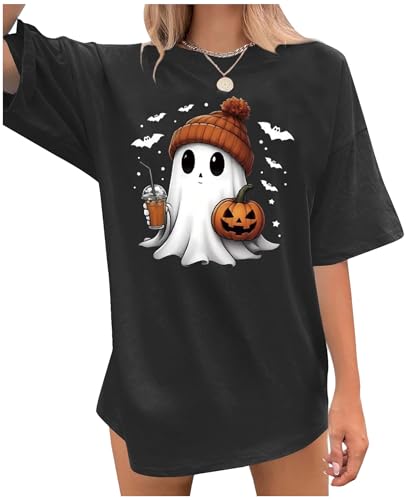 Halloween Shirt Damen 2025 Comfy Outdoor Rundhals Witch Skeleton Baumwolle Herbst Tops Festliche Oversized Kurzarm Skull Winter Tshirt Casual Leicht Ghost Spooky Halloween Outfit Damen 5XL von Generisch