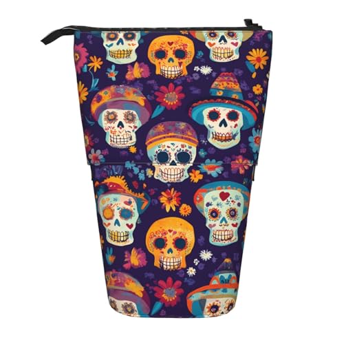 Halloween Skelett Blume Stehendes Federmäppchen Zuckerschädel Stifteetui Halter Teleskop-Bleistifttasche Pop-Up-Kosmetiktasche Schreibwaren-Organizer für Schule, Büro, Reisen von Generisch