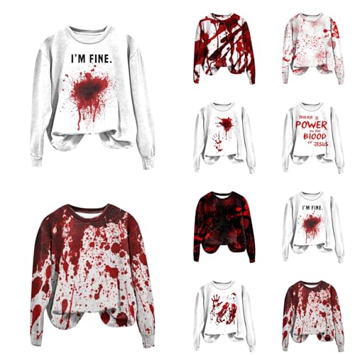Halloween Sweatshirt Damen I'm Fine Blood Pullover Langarm Rundhals Halloween Festival Horror Blut Verletzung Langarmshirt Pulli Halloween Kostüm Damen Gruselig Blutspritzer Sweatshirts Tops von Generisch