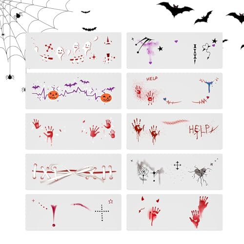 Halloween Tatt-oo Aufkleber, Abnehmbar, 10 Stück Halloween Cosplay Make-up Mit Blutmuster Aufklebern, Temporäre Halloween Gesichtsaufkleber, Karnevalspartys, Halloween Make-up für Gesichtsarme von Generisch