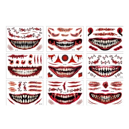 Halloween Tattoo Gesicht Sticker, 10 Blatt Terror Halloween Mund Tattoo Papier, Prank Skull Mund Aufkleber Temporäre, für Männer Damen Tag Toten Hallowen Karneval Kostüm Makeup Party Cosplay von Generisch