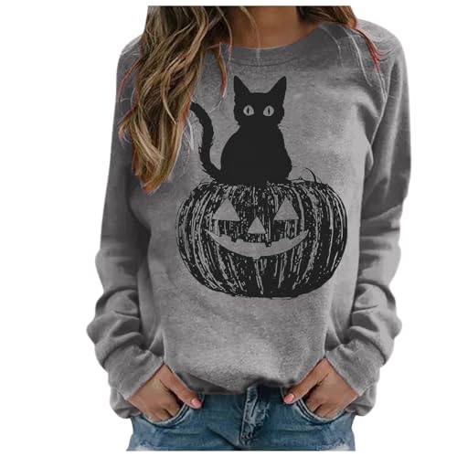Halloween Town Pullover Damen Kürbisse und Geister Sweatshirt Halloween Druck Pullover Festival Karneval Halloween Kostüm Pulli Langarm Rundhals Kuschelpulli Sweater Horror Gruselig Oberteil Schwarz von Generisch