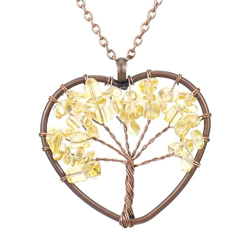 Halskette Edelstein,Verstellbare Kupferkette, Modischer Natürlicher Edelstein, Kristallkies, Lebensbaum, Liebe, Herzförmiger Anhänger, Halskette, Energieschmuck Für Männer Und Frauen, Citrin von Generisch