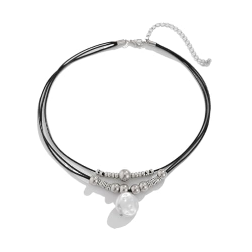 Halskette aus mehrlagigem Leder mit Kunststoffperlen, verstellbar, kurze Halskette für Damen, Einheitsgröße, Kunststoff, Achat von Generisch