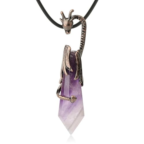 Halskette mit Anhänger Aus Natürlichem Sechseckigem Stein mit Spitzem Anhänger,Bronzefarbener,Polierter Edelsteinanhänger mit Drachenwickel Und Pu-Kette,Origineller Choker-Schmuck für Damen Und von Generisch