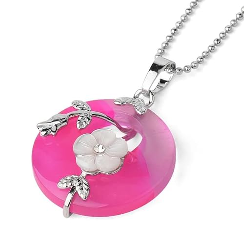 Halskette mit Donut-Anhänger Aus Natürlichem Kristall für Damen und Herren|Jadeblumen-Anhänger mit Edelstein und Silberner Kette,Perlen-Chor,Amulett,Schmuck,Geschenke für Mädchen,Rosenroter Achat von Generisch