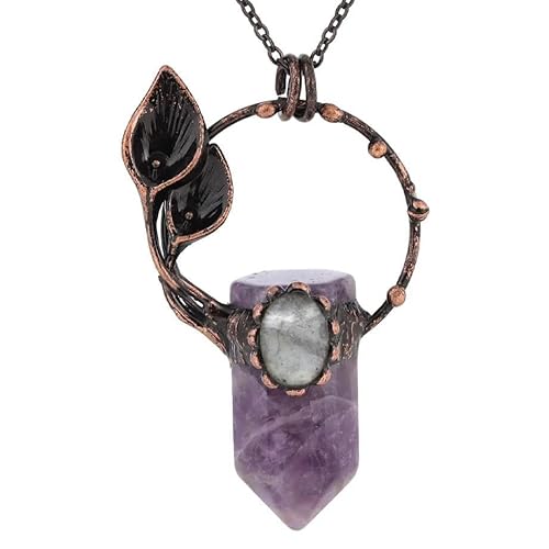 Halskette mit Sechseckigem, Spitzem Halter Aus Natürlichem Kristall, Kupferkreis-Geo- Anhänger mit Silberkette, Ovaler Labradorit-Halsreif, Neuartiger Schmuck für Frauen Und Männer, Amethyst von Generisch