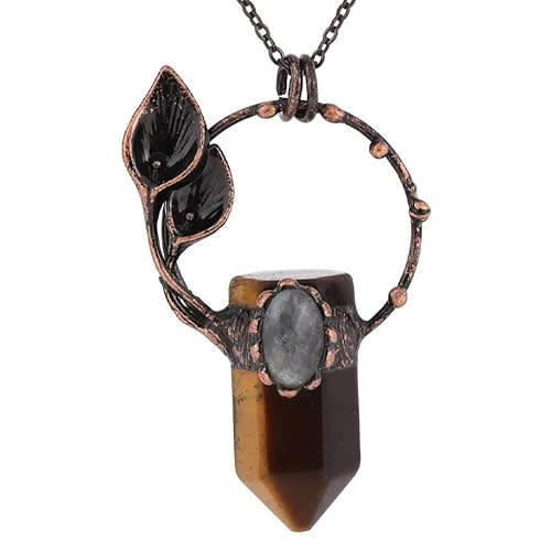 Halskette mit Sechseckigem, Spitzem Halter Aus Natürlichem Kristall, Kupferkreis-Geo- Anhänger mit Silberkette, Ovaler Labradorit-Halsreif, Neuartiger Schmuck für Frauen Und Männer, Tigerauge von Generisch