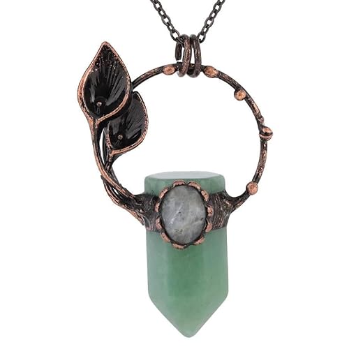 Halskette mit Sechseckigem, Spitzem Halter Aus Natürlichem Kristall, Kupferner Kreis-Geo- Anhänger mit Silberkette, Ovaler Labradorit-Halsreif, Neuartiger Schmuck für Frauen Und Männer, Aventurin von Generisch