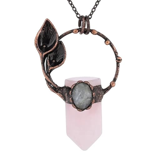 Halskette mit Sechseckigem, Spitzem Halter Aus Natürlichem Kristall, Kupferner Kreis-Geo- Anhänger mit Silberkette, Ovaler Labradorit-Halsreif, Neuartiger Schmuck für Frauen Und Männer, Rose von Generisch