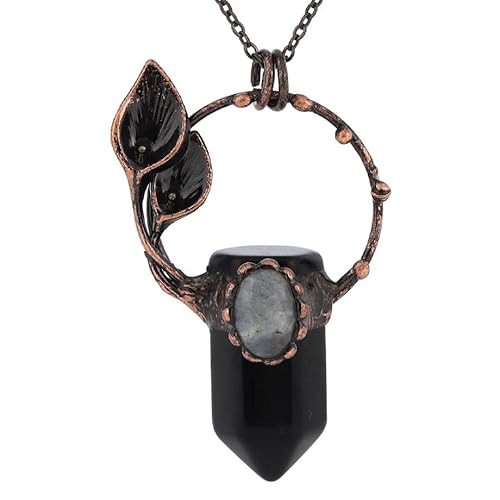 Halskette mit Sechseckigem, Spitzem Halter Aus Natürlichem Kristall, Kupferner Kreis-Geo- Anhänger mit Silberkette, Ovaler Labradorit-Halsreif, Neuartiger Schmuck für Frauen Und Männer, Schw von Generisch