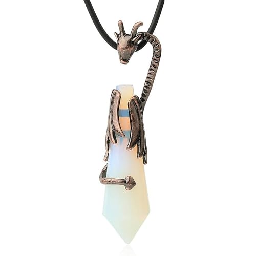 Halskette mit Spitzem Anhänger Aus Natürlichem Sechseckigem Stein,Bronzefarbener,Polierter Edelsteinanhänger mit Drachenwicklung Und Pu-Kette,Choker-Neuheitsschmuck für Damen Und Herren,Opal von Generisch