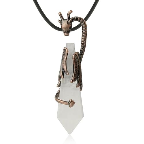 Halskette mit Spitzem Anhänger Aus Natürlichem Sechseckigem Stein,Bronzefarbener,Polierter Edelsteinanhänger mit Drachenwicklung Und Pu-Kette,Choker-Neuheitsschmuck für Frauen Und Männer,Klarer von Generisch