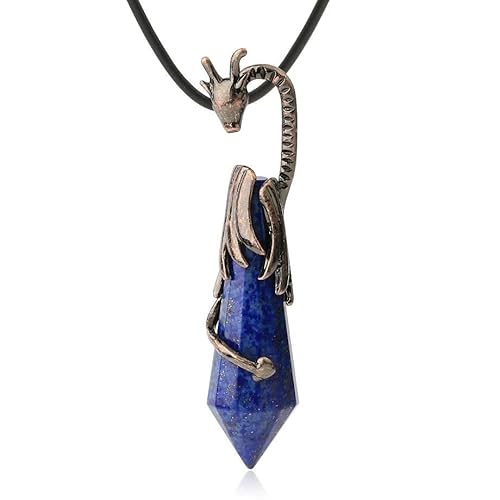 Halskette mit Spitzem Anhänger Aus Natürlichem Sechseckigem Stein,Bronzefarbener,Polierter Edelsteinanhänger mit Drachenwicklung Und Pu-Kette,Origineller Choker-Schmuck für Damen Und Herren,Lapis von Generisch