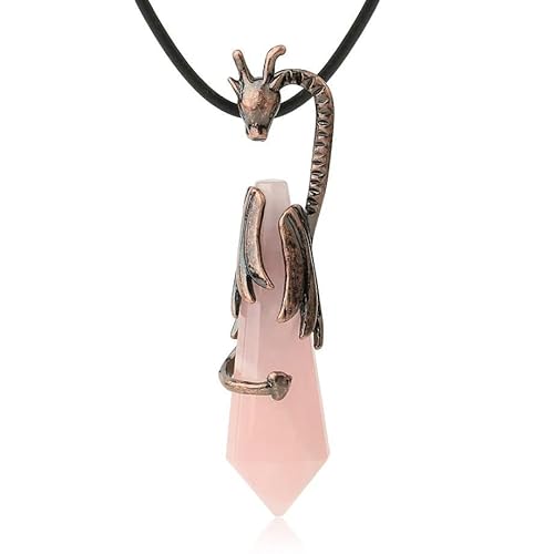 Halskette mit Spitzem Anhänger Aus Natürlichem Sechseckigem Stein,Bronzefarbener,Polierter Edelsteinanhänger mit Drachenwicklung Und Pu-Kette,Origineller Choker-Schmuck für Damen Und Herren,Rosen von Generisch