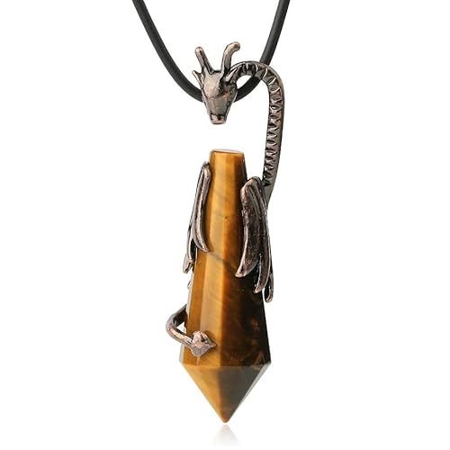 Halskette mit Spitzem Anhänger Aus Natürlichem Sechseckigem Stein,Bronzefarbener,Polierter Edelsteinanhänger mit Drachenwicklung Und Pu-Kette,Origineller Choker-Schmuck für Damen Und Herren,Tiger von Generisch