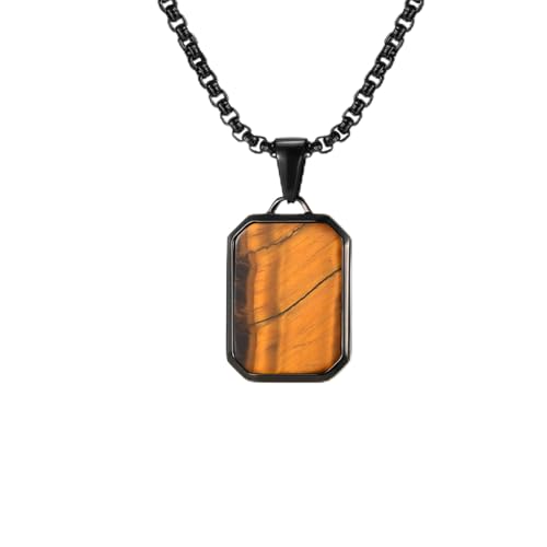 Halskette mit natürlichem Edelstein, Tigerauge, geometrischer Titanstahl, quadratischer Anhänger, heilender Chakra-Anhänger, Glücksbringer, Halsketten, Schmuck für Männer und Frauen von Generisch