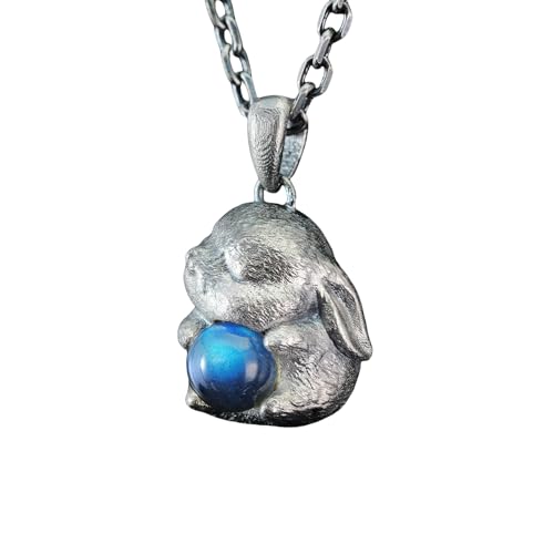 Handgefertigte 925er Sterlingsilber „Mondhase“ Halskette · Natürlicher blauer Labradorit-Amulett · Niedlicher Tier-Totem-Anhänger (ca. 2 × 1 cm, 4 g) von Generisch