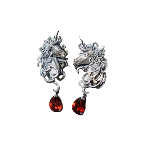 Handgefertigte Einhorn-Ohrstecker mit Granat-Tropfen | Fantasy‑Gothic‑Schmuck | Symbolische „Zwillings"gelübde“ Amulette | Geschenk für Treue & Schutz von Generisch