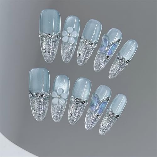 Handgefertigte Kunstnägel, zum Aufdrücken, solider Schmetterling, Blumenmuster, Nagelkunst, Dekoration, französisch, glänzend, für Damen und Mädchen, 10 Stück (A77-XS) von Generisch