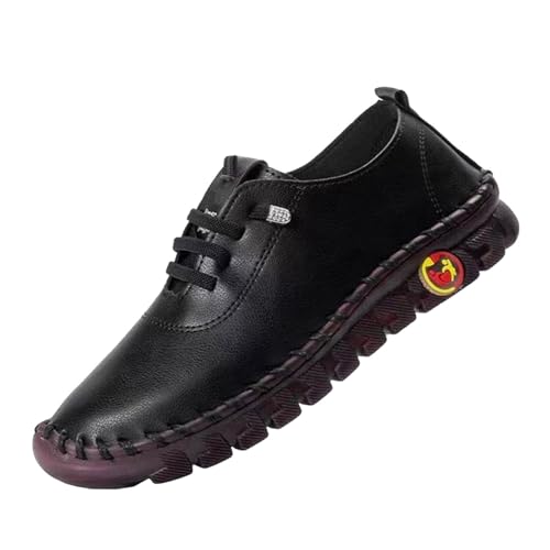 Handgefertigte Lederschuhe Freizeitschuhe Damen Leder Wanderschuhe Flache Sohle Walkingschuhe Einfarbig Fitnessschuhe Mit Schnürung Halbschuhe Atmungsaktive Schlupfschuhe Bequeme (Black, 45) von Generisch
