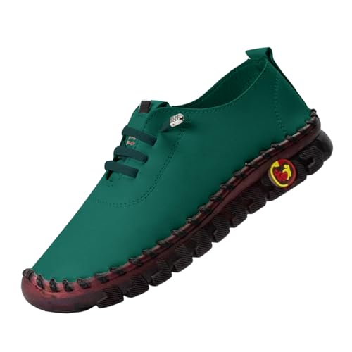 Handgefertigte Lederschuhe Freizeitschuhe Damen Leder Wanderschuhe Flache Sohle Walkingschuhe Einfarbig Fitnessschuhe Mit Schnürung Halbschuhe Atmungsaktive Schlupfschuhe Bequeme (Green, 41) von Generisch