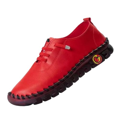 Handgefertigte Lederschuhe Freizeitschuhe Damen Leder Wanderschuhe Flache Sohle Walkingschuhe Einfarbig Fitnessschuhe Mit Schnürung Halbschuhe Atmungsaktive Schlupfschuhe Bequeme (Red, 36) von Generisch