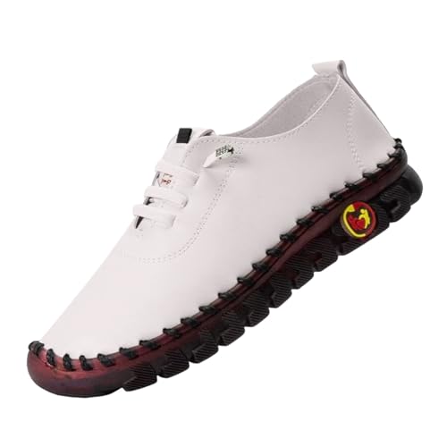 Handgefertigte Lederschuhe Freizeitschuhe Damen Leder Wanderschuhe Flache Sohle Walkingschuhe Einfarbig Fitnessschuhe Mit Schnürung Halbschuhe Atmungsaktive Schlupfschuhe Bequeme (White, 36) von Generisch