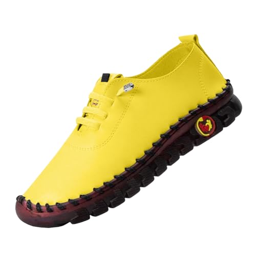 Handgefertigte Lederschuhe Freizeitschuhe Damen Leder Wanderschuhe Flache Sohle Walkingschuhe Einfarbig Fitnessschuhe Mit Schnürung Halbschuhe Atmungsaktive Schlupfschuhe Bequeme (Yellow, 45) von Generisch