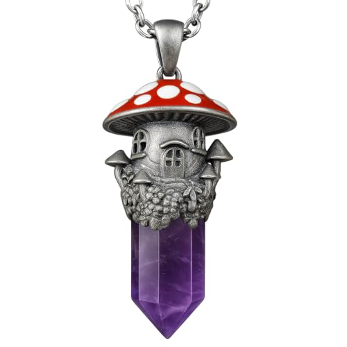 Handgefertigte Märchen‑Pilzhaus‑Halskette | 925 Sterling Silber + Natürlicher Amethyst + Rot‑weiße Emaille “Schlüssel der Träume” (ca. 5 × 2 cm, 14 g) von Generisch