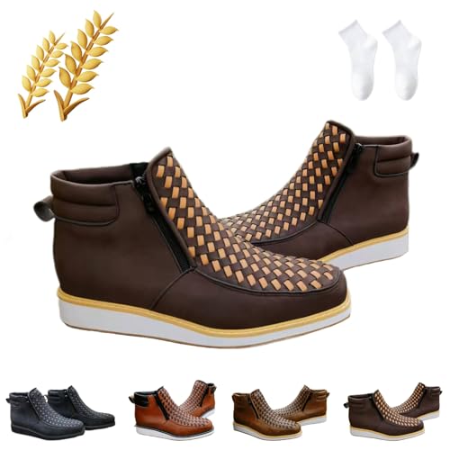 Handgefertigte Western-Cowboystiefel von Zenfaze, Zenfaze-Schuhe for Herren, handgewebte Cowboystiefel aus Leder mit quadratischer Zehenpartie und doppelseitigem Reißverschluss(Coffee,42 EU) von Generisch