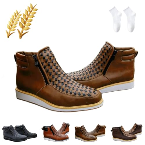 Handgefertigte Western-Cowboystiefel von Zenfaze, Zenfaze-Schuhe for Herren, handgewebte Cowboystiefel aus Leder mit quadratischer Zehenpartie und doppelseitigem Reißverschluss(Khaki,39 EU) von Generisch