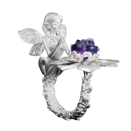 Handgefertigter 925er Sterling Silber Feen- & Blumen-Ring mit handgeschnitztem Amethyst-Rosenmotiv │ Spirituelles Fantasy-Bijou │ Ideal als Geschenk & Festival-Accessoire │ US 6 (6us) von Generisch